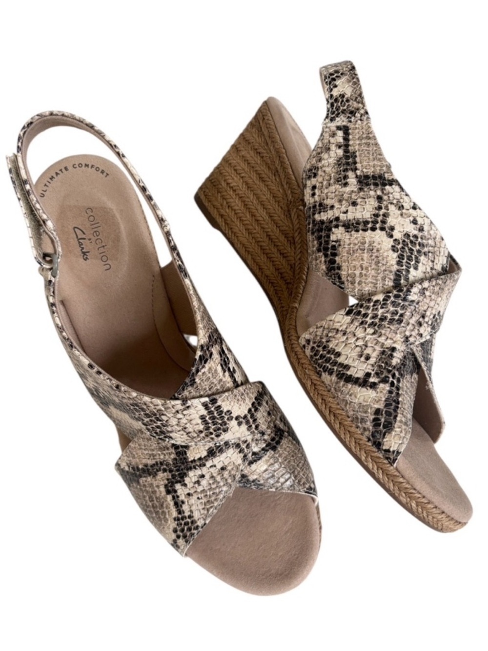 EUC Clarks Langley Alaine Espadrille Wedge Sandals Snakeskin Size 10